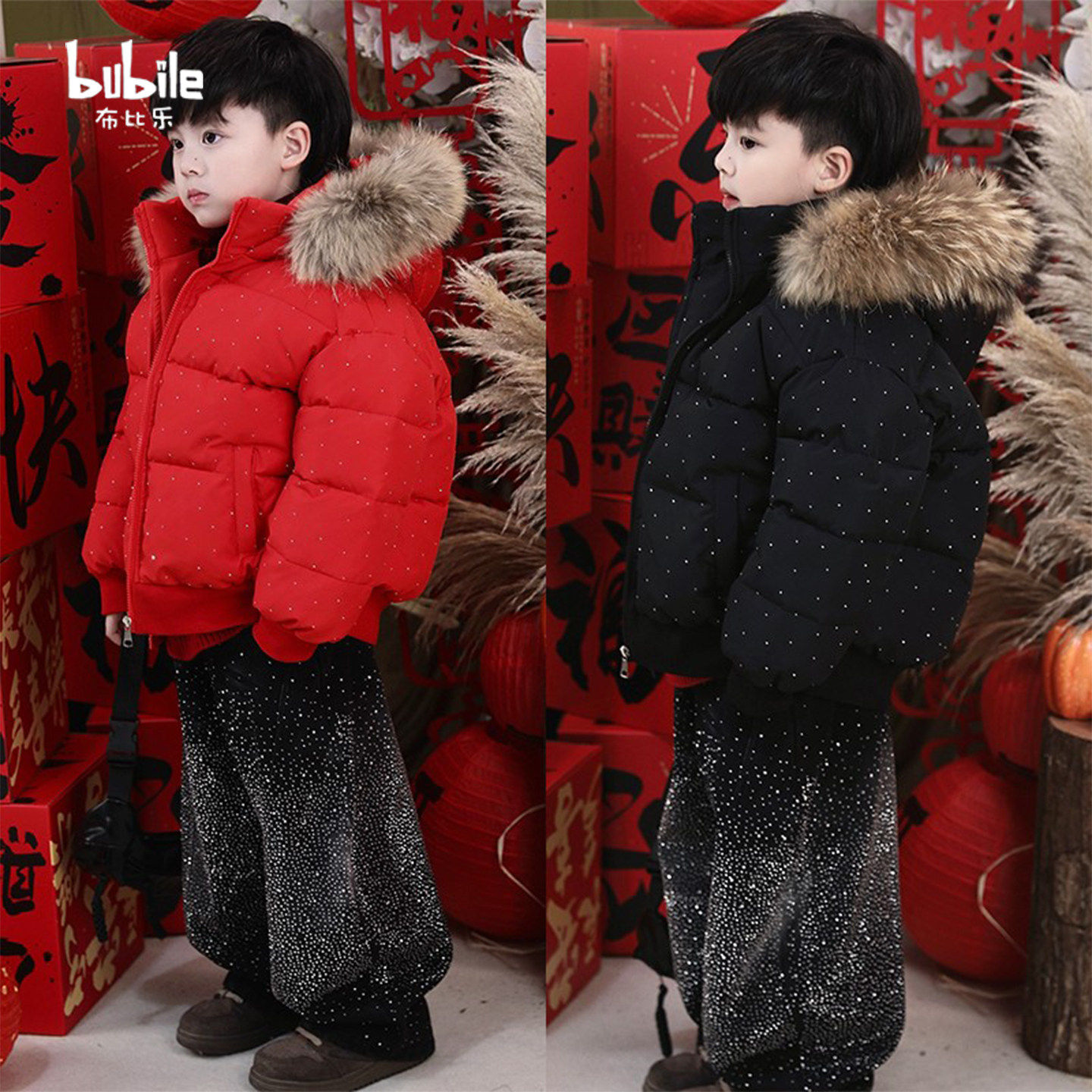 男童棉服2025新款韩版烫钻大毛领连帽棉袄儿童冬面包服过年款外套