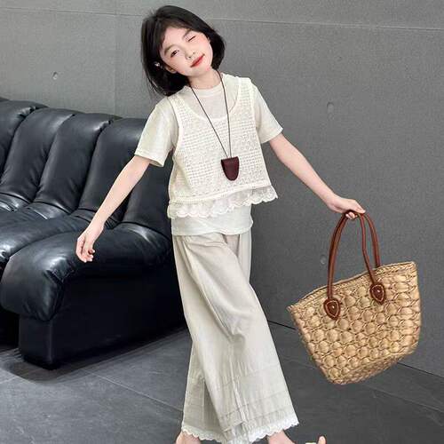 女大童夏装套装2025新款洋气女孩夏季短袖背心T恤阔腿裤子三件套8