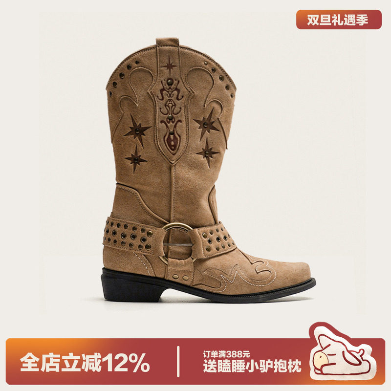 多嘴驴Donkey复古刺绣西部靴