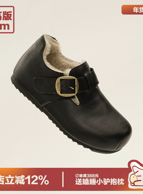 多嘴驴Donkey加绒勃肯鞋女冬季保暖一脚蹬棉鞋皮面增高黑色毛毛鞋