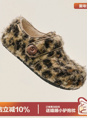 多嘴驴Donkey加绒勃肯鞋女冬保暖毛毛鞋一脚蹬雪地靴毛绒豹纹棉鞋