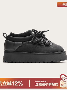 多嘴驴Donkey黑色雪地靴女冬季新款加绒加厚面包棉鞋防滑保暖棉靴