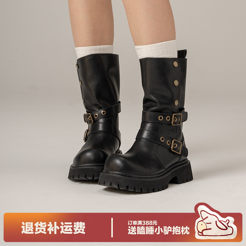 多嘴驴Donkey厚底粗跟黑色中筒靴