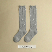 多嘴驴Donkey灰色中筒袜女款 春秋蝴蝶结纯棉保暖长筒袜花边堆堆袜
