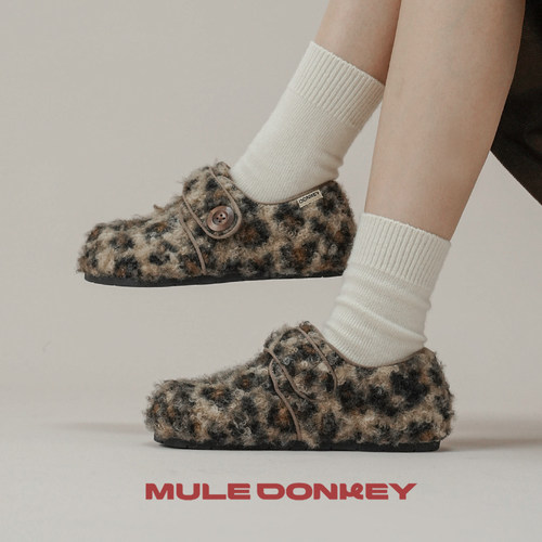 多嘴驴Donkey豹纹毛绒毛毛鞋女