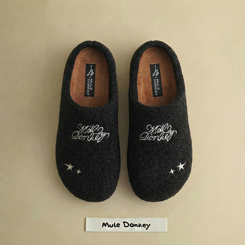 多嘴驴Donkey毛绒勃肯鞋女款冬季保暖毛毛鞋一脚蹬黑色厚底棉拖鞋