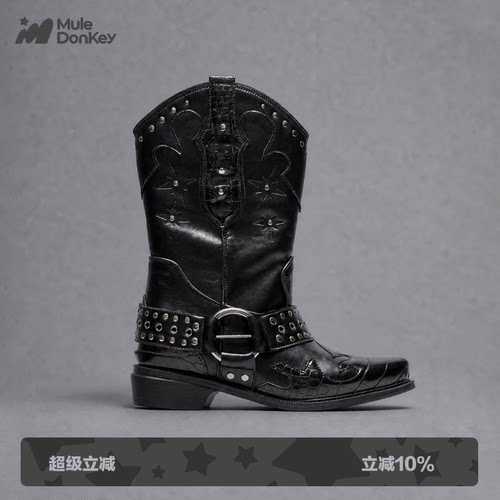 多嘴驴Donkey复古黑色西部牛仔靴