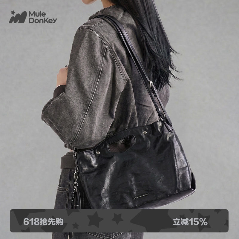 多嘴驴Donkey黑色托特包女款大容量慵懒百搭手提包复古单肩斜挎包