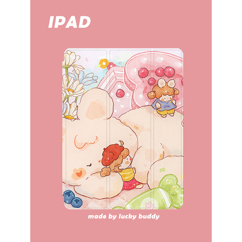 第2件半价原创插画iPad保护壳可爱兔兔苹果三折360旋转亚克力笔槽pro13寸112.9air610.9mini磁吸平板套华为壳
