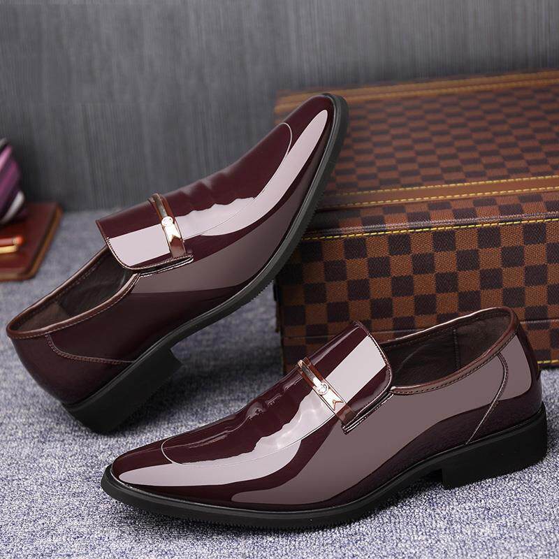 AUTUMN POINTY TOE SLIP FOOT LEATHER SHOES MENS BUSINESS FORMAL WEAR SHINY LEATHER CASUAL BREATHABLE WEDDING GROOM MENS SHOES BEST MAN 454647