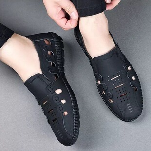 夏季透气大网眼镂空透气孔豆豆休闲皮鞋软底套脚工作凉鞋百搭男鞋