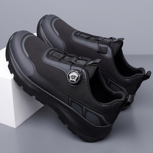 全黑色透气布鞋软底舒适轻便防滑工作鞋上班通勤厚底耐磨旋钮男鞋