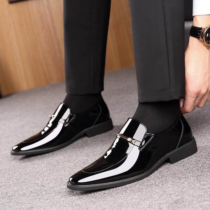 AUTUMN POINTY TOE SLIP FOOT LEATHER SHOES MENS BUSINESS FORMAL WEAR SHINY LEATHER CASUAL BREATHABLE WEDDING GROOM MENS SHOES BEST MAN 454647