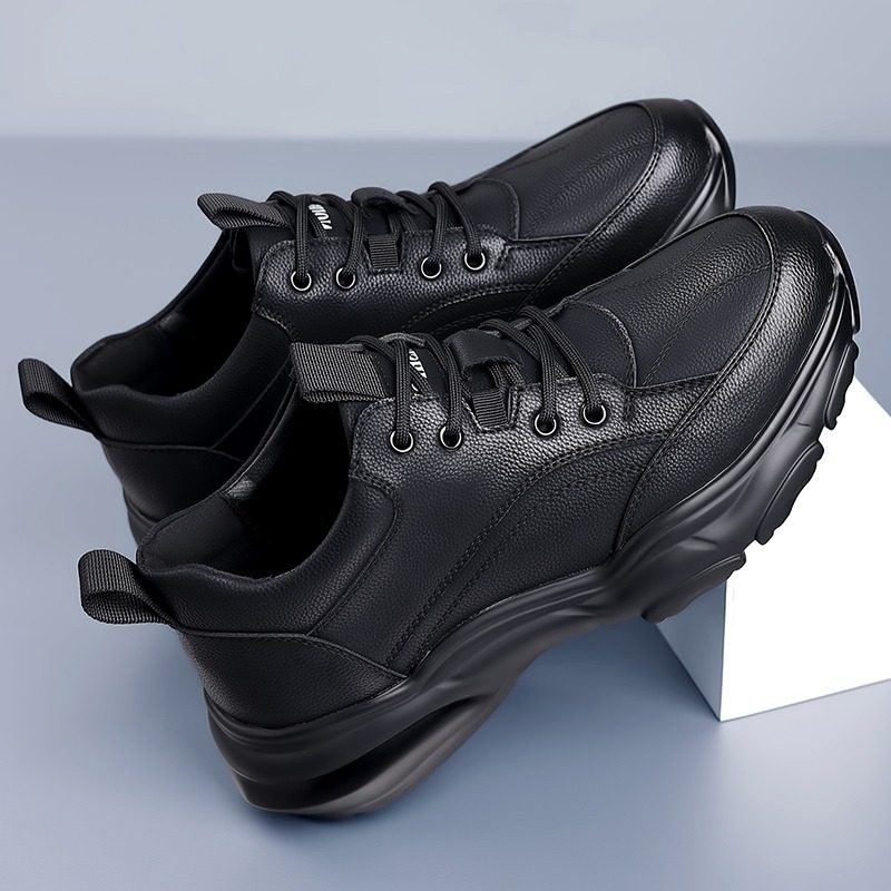 2025冬季新品厚底休闲皮鞋全黑色工作鞋防滑防水酒店厨房上班男鞋,流行男鞋,休闲皮鞋,淘宝优惠券,粉丝福利购,淘宝优惠卷