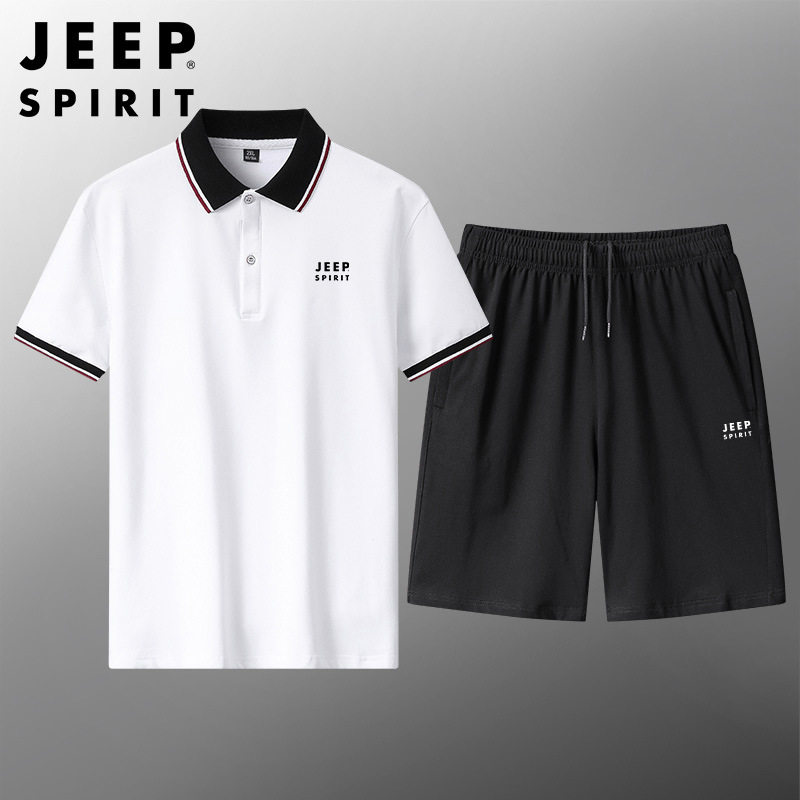 jeep夏纯棉短袖套装男polo衫运动服男士t恤短裤两件套