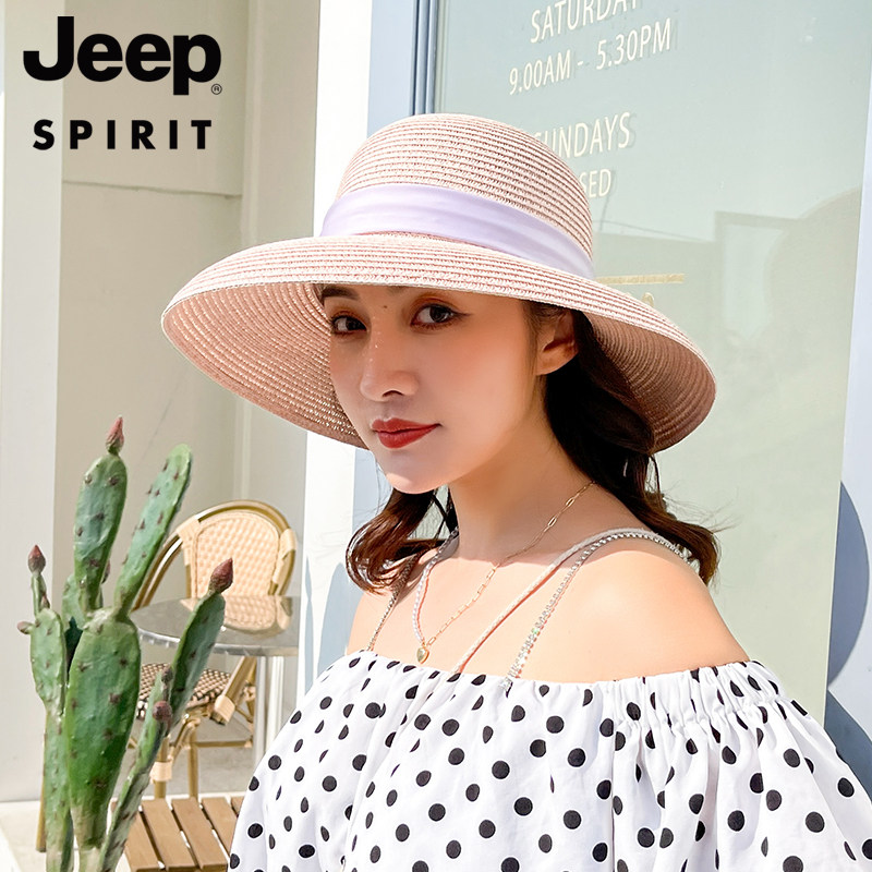 吉普正品女帽夏季时尚户外沙滩防晒帽蝴蝶结优雅遮阳帽渔夫帽品牌