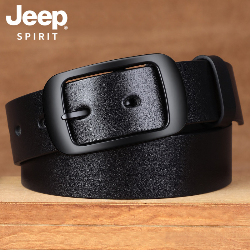 Jeep简约头层纯牛皮腰带男百搭手工皮带男真皮针扣正品复古裤带潮
