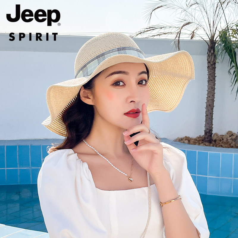 jeep帽子女夏草编大帽檐渔夫帽时尚潮流蝴蝶结户外遮阳防晒太阳帽