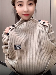 2024秋冬新款半高领加厚毛衣女长袖坑条纹贴标内搭时尚百搭针织衫