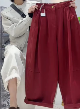 2026春夏新款高腰宽松弯刀裤女红色九分阔腿裤显瘦休闲裤洋气减龄