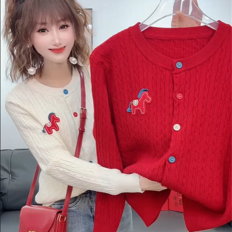 韩系新款小马刺绣麻花针织开衫女圆领彩色纽扣长袖百搭毛衣外套潮