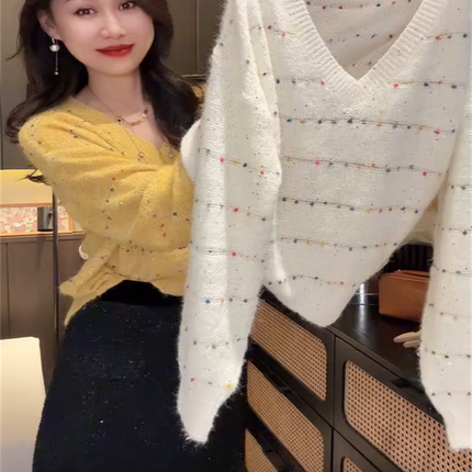 慵懒风V领重工亮片毛衣针织衫2025秋冬新款百搭软糯宽松显瘦上衣