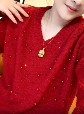 过年红色V领钉珠针织衫女长袖本命年洋气显白毛衣宽松百搭上衣潮