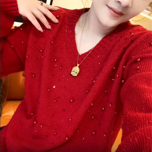 宽松长袖洋气红色V领百搭针织衫