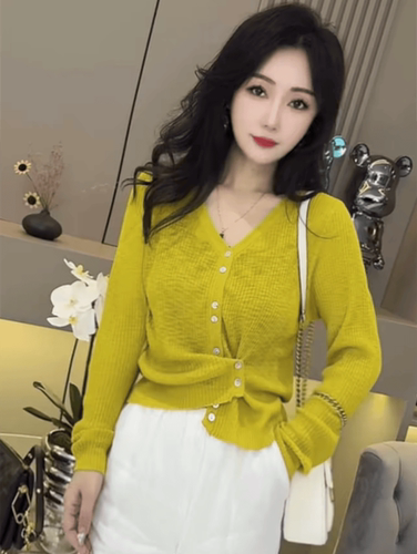 薄款冰丝百搭简约针织衫开衫v领