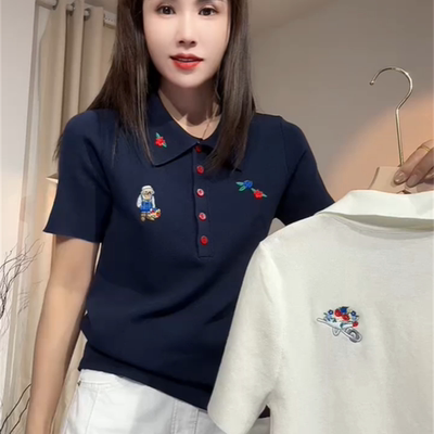 薄款彩扣刺绣翻领气质短袖针织衫