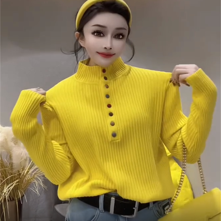 超好看糖果色纽扣半开领毛衣女2025秋冬新款保暖内搭针织衫上衣潮