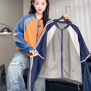 欧货运动风撞色袖子拼接防晒服女立领拉链薄款夹克外套百搭防晒衣