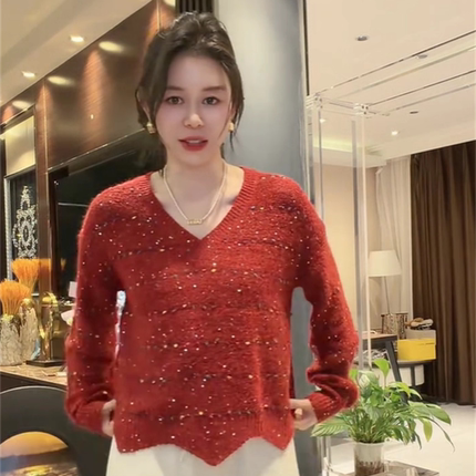 2026春季新款简约V领亮丝毛球针织衫女洋气套头宽松内搭显瘦上衣