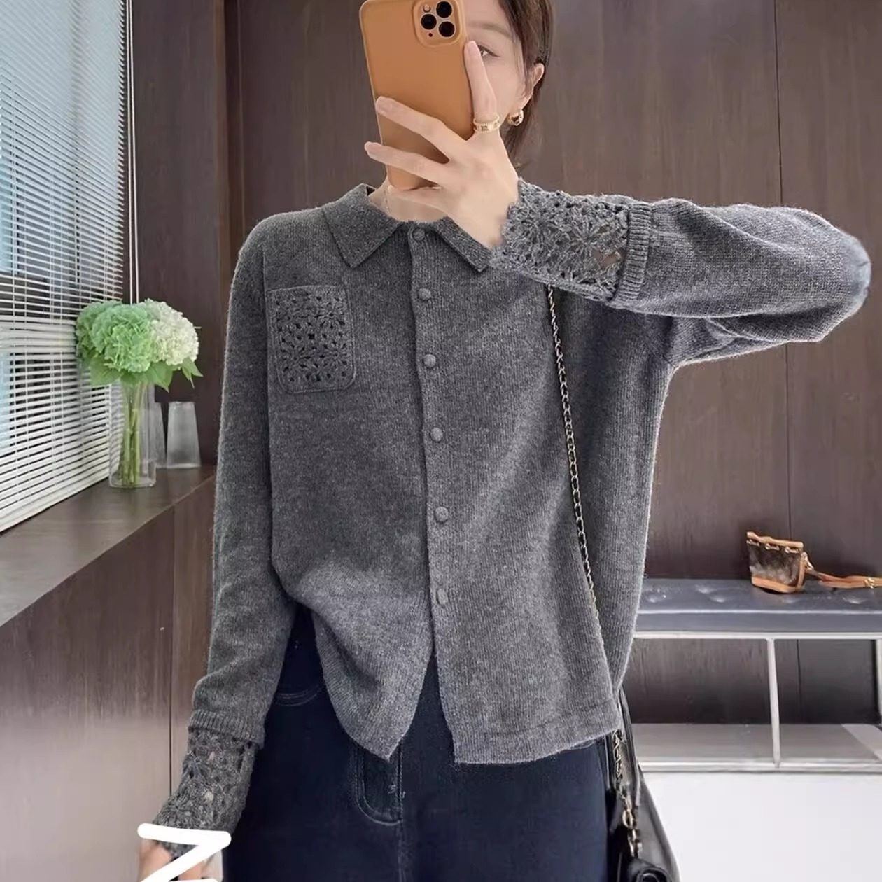 韩版时尚镂空钩花翻领针织开衫