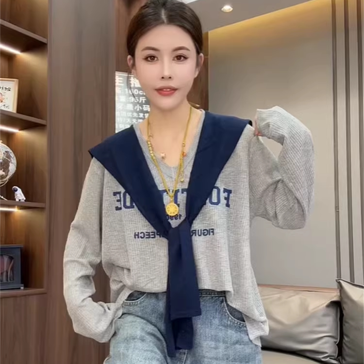 欧洲站披肩绑带V领长袖字母竹节麻针织衫女灰色时尚宽松显瘦上衣