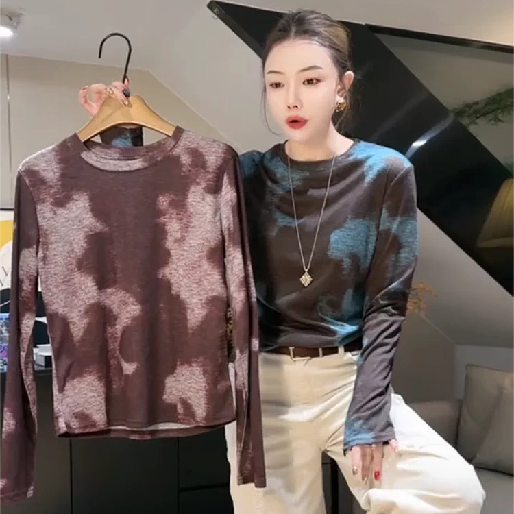 欧货时尚圆领扎染水墨花色长袖T恤打底小衫女秋装修身显瘦上衣潮