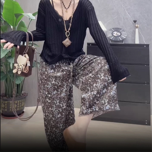 夏季碎花阔腿九分松紧显瘦遮胯裤