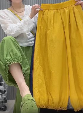 韩版冰丝宽松蕾丝花边灯笼裤女2026夏季新款设计感纯色高腰休闲裤