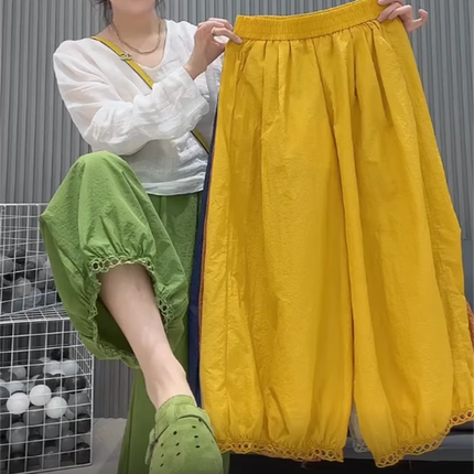 韩版冰丝宽松蕾丝花边灯笼裤女2026夏季新款设计感纯色高腰休闲裤