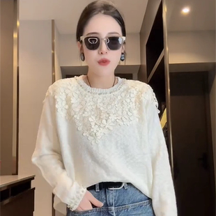 欧货2026春季新款重工圆领钉珠花朵毛衣女洋气宽松休闲针织衫上衣