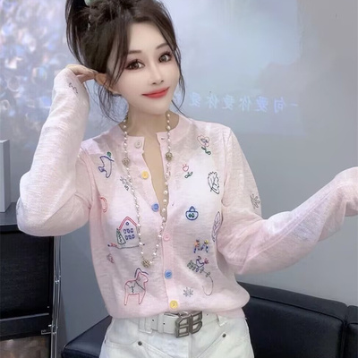 刺绣彩扣冰丝亚麻长袖开衫针织衫