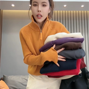 洋气宽松显瘦毛衣上衣 时尚 欧货半拉链立领坑条针织衫 女2025秋新款