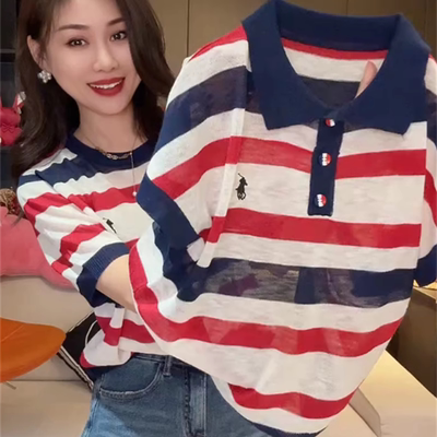 韩系复古翻领半纽扣条纹T恤女2025夏季新款洋气宽松薄款短袖上衣