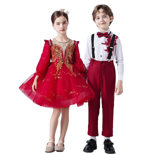 儿童合唱演出服中小学生大合唱团表演服装女童礼服红色蓬蓬裙套装