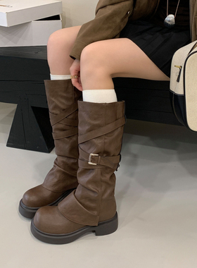 2025年秋冬季圆头防水台厚底粗跟皮带扣长筒骑士靴不过膝时装靴女