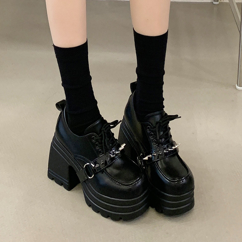 2026年春季英伦风厚底松糕鞋铆钉皮带扣系带粗跟增高皮鞋百搭单鞋,女鞋,松糕（摇摇）鞋,淘宝优惠券,粉丝福利购,淘宝优惠卷