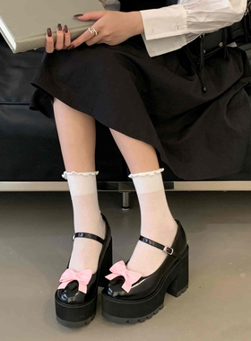 2025年夏季蝴蝶结圆头厚底粗跟玛丽珍鞋女增高小皮鞋浅口高跟单鞋