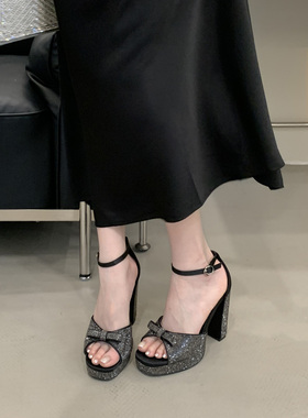 2025年夏季露趾蝴蝶结防水台厚底超高跟凉鞋水钻舞台表演走秀女鞋