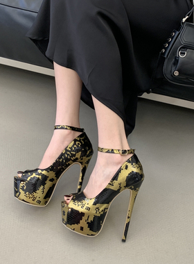 2026年春季性感鱼嘴蛇皮纹超高跟凉鞋女防水台厚底一字带细跟女鞋