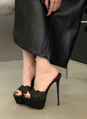 2026年春季性感风黑色蕾丝16CM超高跟防水台一字拖时尚外穿凉拖鞋